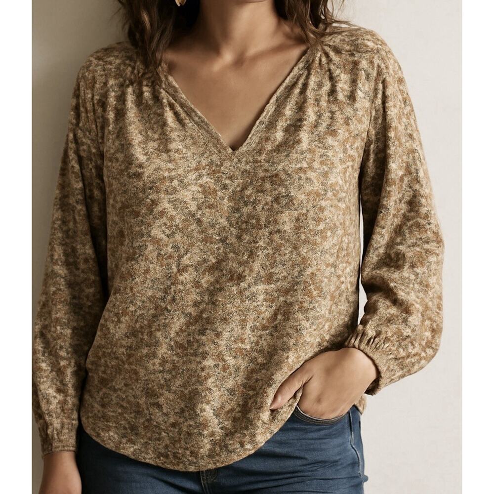 Chaps Gauzy Tan Floral Cotton Ruffle Sleeve Blouse PXL Peasant Boho Cottagecore